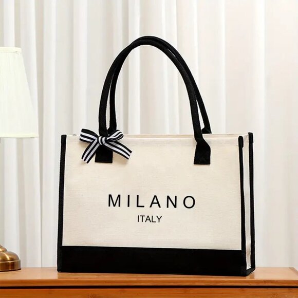🎁Milano Italy Print Canvas Tote Bag w/ Bow  Capacity, Waterproof - Picture 2 of 8